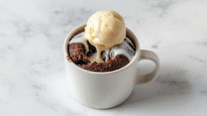 A chocolate mug cake in a white mug with melting ice cream on top.