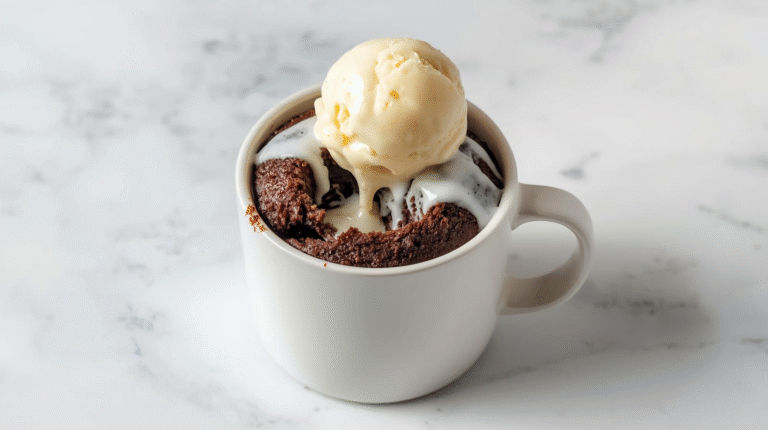 A chocolate mug cake in a white mug with melting ice cream on top.