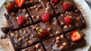 Fudgy cottage cheese brownies on a plate, garnished with cocoa powder and berries.