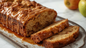 A sliced apple fritter loaf with apple chunks and cinnamon glaze.