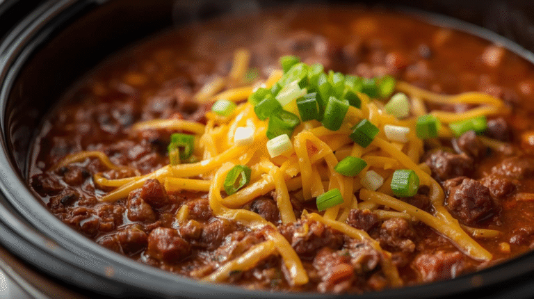A hearty bowl of beef chili topped with cheese and green onions.