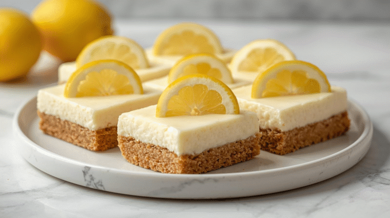 No-bake lemon cheesecake bars with a graham cracker crust, garnished with lemon slices, on a bright plate.