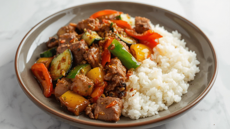 A colorful zucchini beef stir-fry with beef, zucchini, bell peppers.