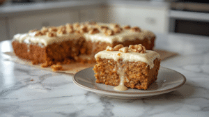 Moist carrot sheet cake with cream cheese frosting and walnuts.