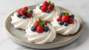 Mini pavlova wreaths topped with fresh fruits.