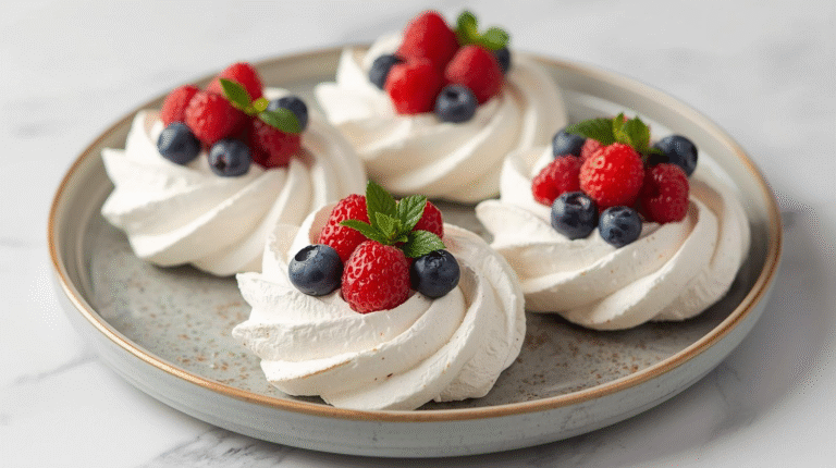 Mini pavlova wreaths topped with fresh fruits.