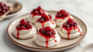 Mini cranberry pavlovas topped with whipped cream and cranberry compote on a festive plate.