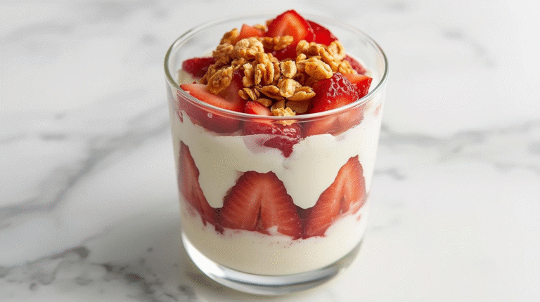 A strawberry cottage cheese parfait in a glass, layered with cottage cheese and fresh strawberries, topped with granola.