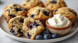 A plate of cottage cheese muffins with blueberries, showcasing their fluffy texture, on a rustic wooden table.
