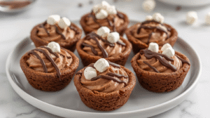 Hot cocoa cookie cups filled with chocolate and topped with marshmallows.