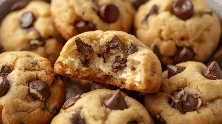 A plate of cottage cheese cookie bites with chocolate chips, on a rustic table with cottage cheese and honey.