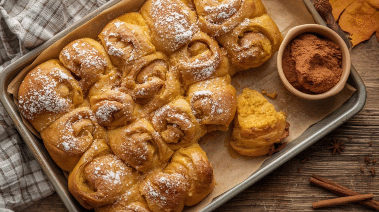 Freshly baked pumpkin spice cottage cheese rolls on a wooden table, dusted with powdered sugar.