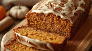 Maple glazed pumpkin bread loaf with slices showing moist texture, surrounded by autumn leaves.