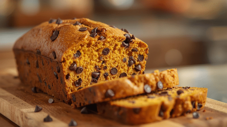 Sliced chocolate chip pumpkin bread on a wooden cutting board, showcasing its moist texture and chocolate chips.