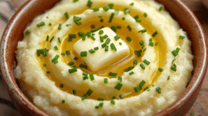 Creamy garlic mashed potatoes in a bowl with butter and chives on a wooden table.