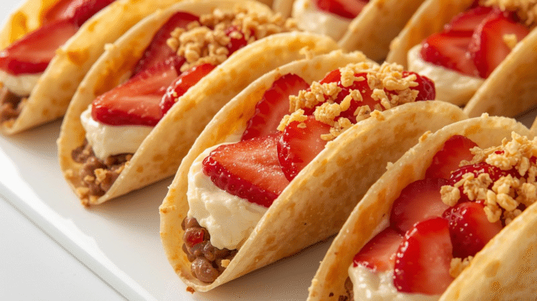 Strawberry crunch cheesecake tacos on a colorful platter, filled with cheesecake and topped with strawberries and crumble.
