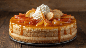 A layered Salted Caramel Apple Pie Cheesecake with caramel drizzle and apple slices, served on a rustic table.