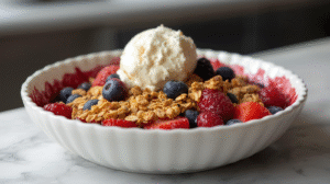 A delicious cottage cheese berry crumble with a golden oat topping and mixed berries.