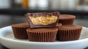 Homemade cottage cheese peanut butter cups with chocolate coating and creamy filling.