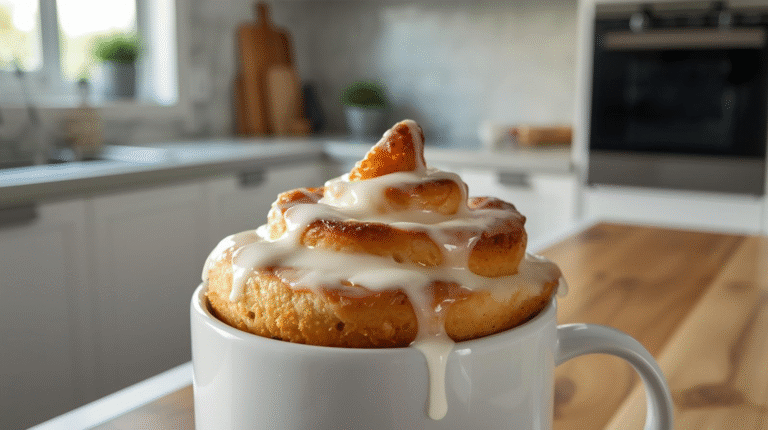 A delicious cottage cheese cinnamon roll mug cake topped with icing.