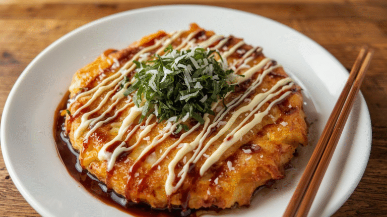 Okonomiyaki is a popular Japanese savory pancake that combines a variety of ingredients, making it a versatile dish for any meal.