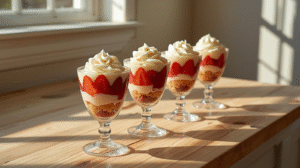 A row of layered strawberry parfaits in clear glasses with whipped cream tops, placed on a light wood kitchen island under natural sunlight, soft shadows cast from a nearby window.
