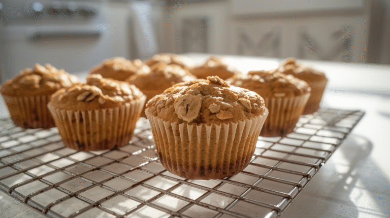 Freshly baked banana oat muffins cooling on a wire rack in a bright white kitchen, morning sunlight casting natural highlights over the golden tops.
