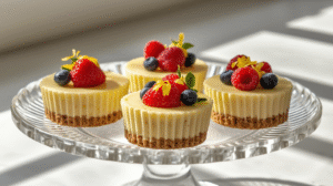 Mini lemon cheesecakes topped with lemon zest and berries on a bright counter in a natural-lit kitchen, sun rays reflecting softly off a clean glass dish.