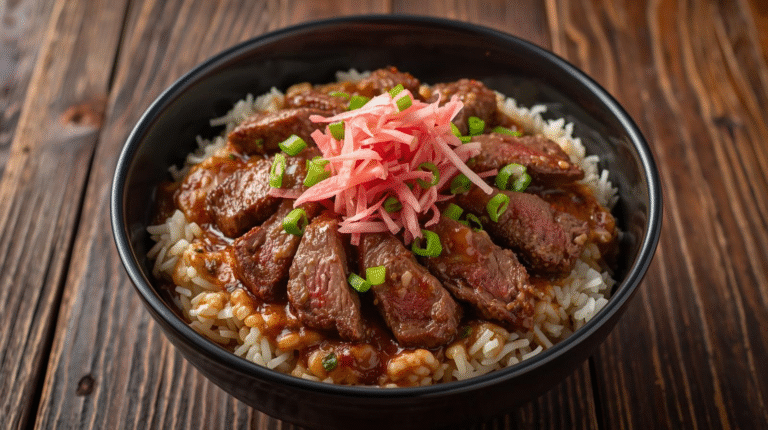 Gyudon is a popular Japanese comfort food that features tender slices of beef simmered in a sweet and savory sauce, served over a bed of rice