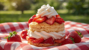 A delicious strawberry shortcake with biscuit layers, topped with strawberries and whipped cream, set in a sunny outdoor picnic scene.