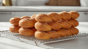 Golden-brown cinnamon sugar donut twists stacked on a cooling rack in a modern kitchen with bright natural sunlight catching the sugar sparkle.