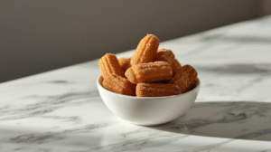 Crispy golden churro bites dusted in cinnamon sugar, arranged in a white bowl under soft morning light in a modern, marble-top kitchen.