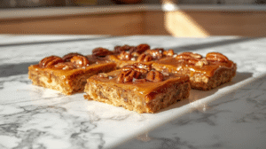 Full-view close-up of salted maple pecan bars on a marble counter, gooey caramel glaze and toasted nuts visible. Captured in bright natural sunlight in a modern kitchen with light wood tones and soft shadows.