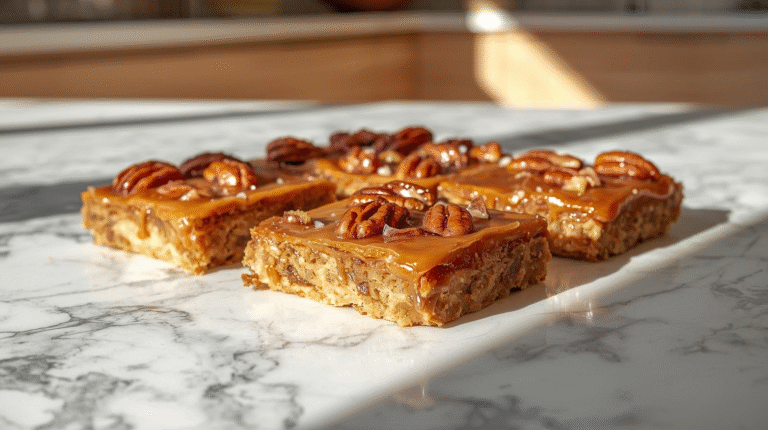 Full-view close-up of salted maple pecan bars on a marble counter, gooey caramel glaze and toasted nuts visible. Captured in bright natural sunlight in a modern kitchen with light wood tones and soft shadows.