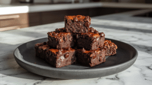 Close-up of fudgy chocolate brownie bites stacked on a slate-gray plate under natural sunlight in a modern kitchen.