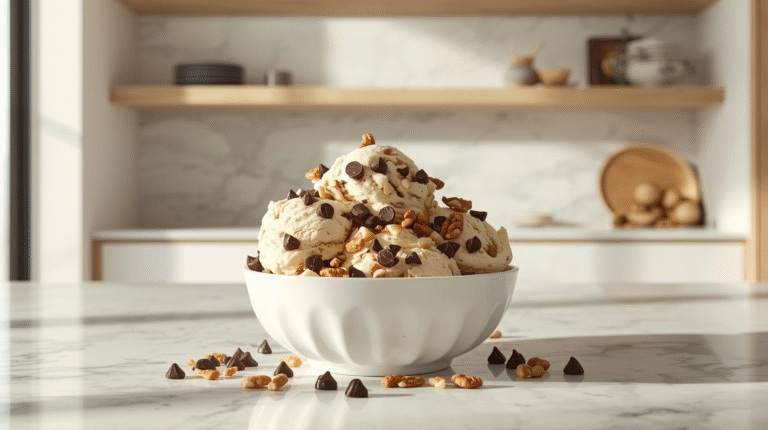 Cottage cheese banana ice cream in a bowl topped with chocolate chips and nut.