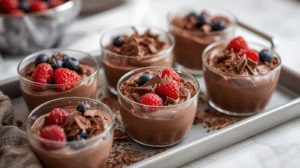 Chocolate cottage cheese mousse in dessert cups topped with chocolate shavings and berries.