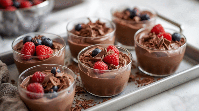 Chocolate cottage cheese mousse in dessert cups topped with chocolate shavings and berries.