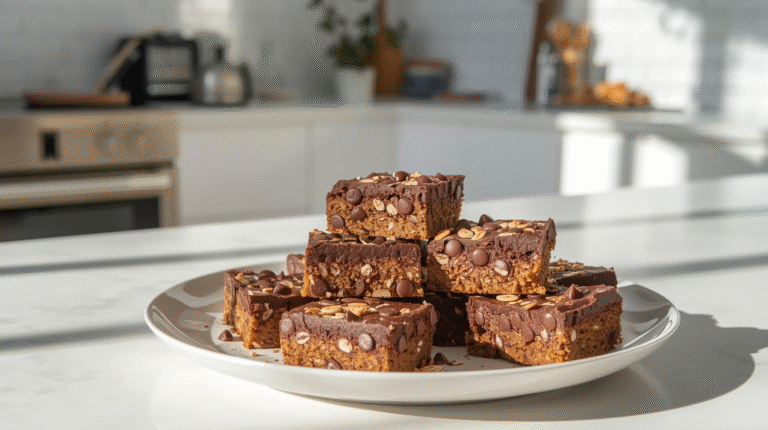 No-bake chocolate oatmeal bars on a plate with chocolate chips and oats, set in a rustic kitchen.