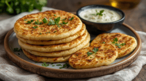 Golden-brown cottage cheese flatbreads stacked on a ceramic plate with herbs and a bowl of dip.