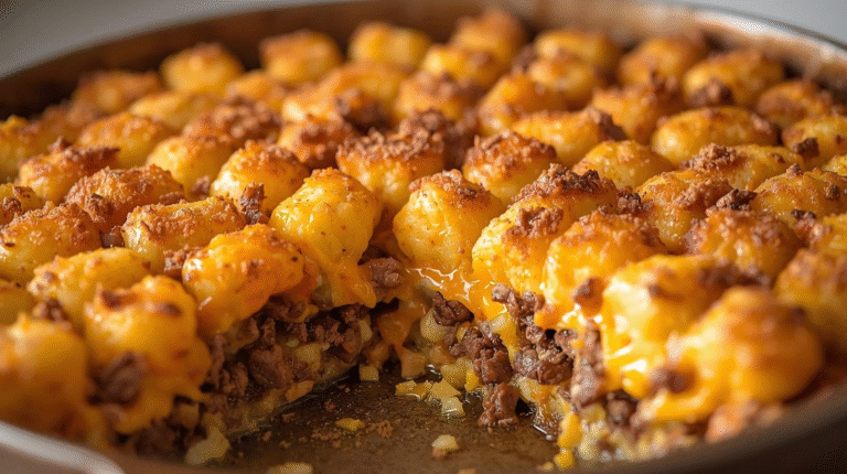 Crispy tater tot breakfast bake with sausage and cheese.