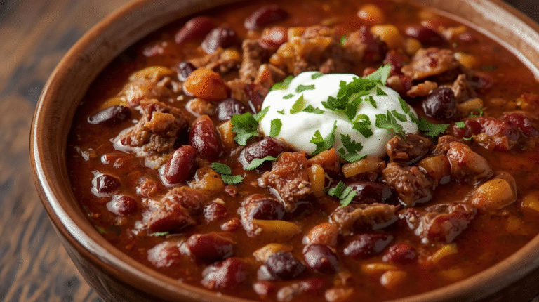 A bowl of cowboy chili with beef and beans, garnished with cheese and cilantro.