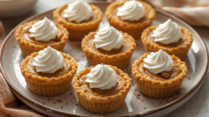 A collection of mini pumpkin pies topped with whipped cream on a table.