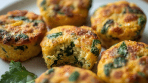 Fluffy cottage cheese egg bites on a plate, garnished with herbs, with diced vegetables and orange juice in the background.