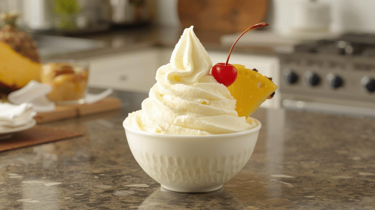 A glass of Dole Whip topped with a pineapple wedge and cherry, set in a tropical outdoor setting.A glass of Dole Whip topped with a pineapple wedge and cherry.