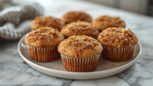 Freshly baked cinnamon streusel muffins on a ceramic plate.