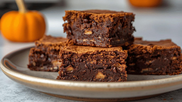 Fudgy pumpkin brownies on a plate.