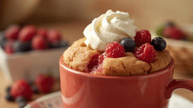 A warm and fluffy berry mug cake sitting in a colorful ceramic mug, topped with fresh berries and a dollop of whipped cream
