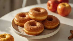 Freshly baked apple cider donuts coated in cinnamon sugar.