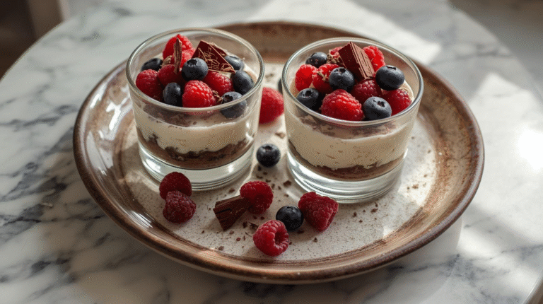 No-bake cottage cheese cheesecake cups topped with berries and chocolate shavings on a table.